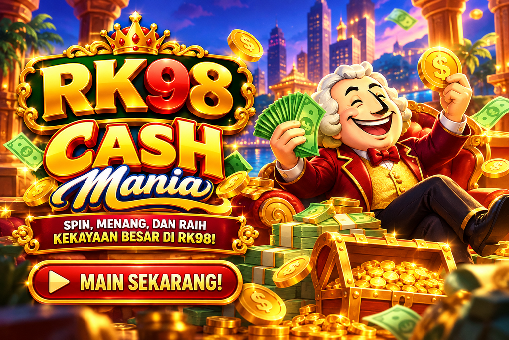 Game RK98 Cash Mania dengan uang, koin emas, dan peti harta.