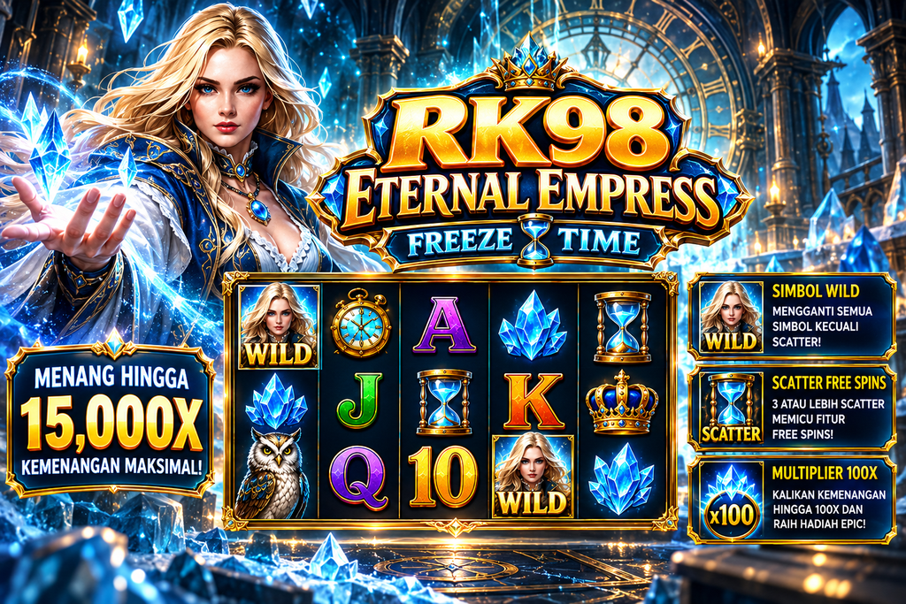 Game RK98 Eternal Empress dengan ratu es dan kristal biru.