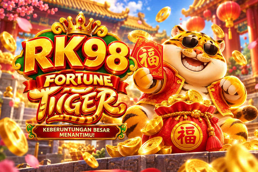 Game RK98 Fortune Tiger dengan harimau dan koin emas.