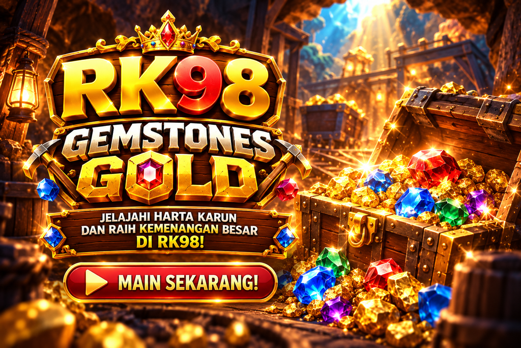 Game RK98 Gemstones Gold dengan peti harta karun, emas, dan permata berkilau.